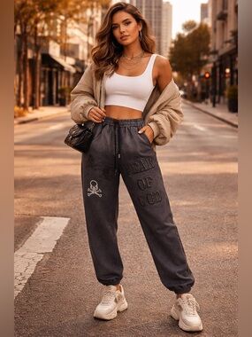 Fear of God Inspired Jogger Jeans Skull Graphic Streetwear Denim Faded Black Sz8